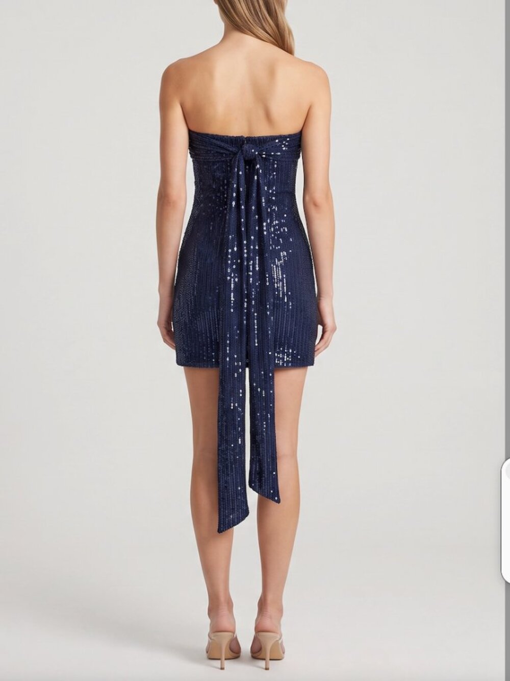 Navy Blue Sequin Strapless Mini Dress with Back Sash Tie - Picture 2 of 7